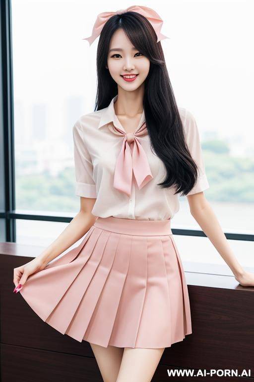 realistic, korean, tall, slender, smiling, beautiful, bows, ribbon, pink, skirt, casual, black hair, long hair, healthy, tan, pretty - #main