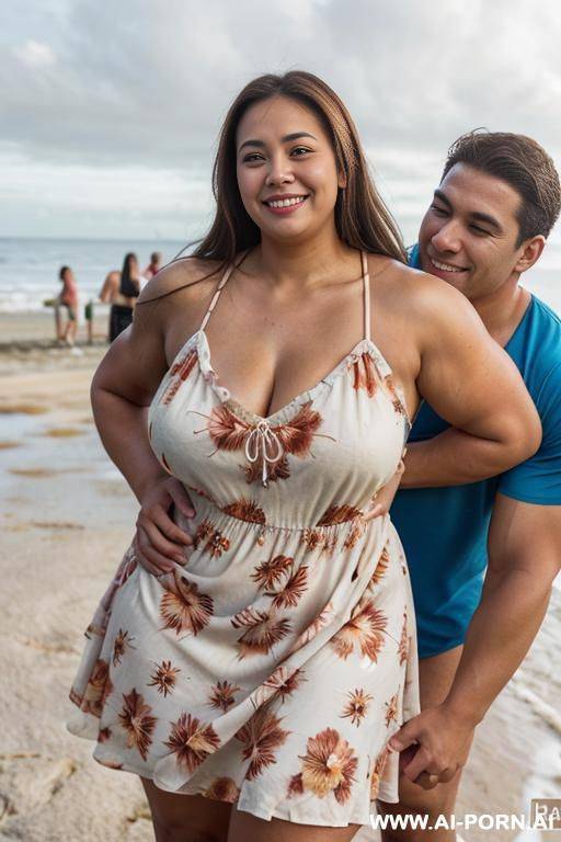 ((flower sundress)), cleavage, ((thick)), beach festival, summer party, ((double chin)). a fat thick shorty filipina milf is posing in the beach with (((a very tall muscular fit man))). she is - #main