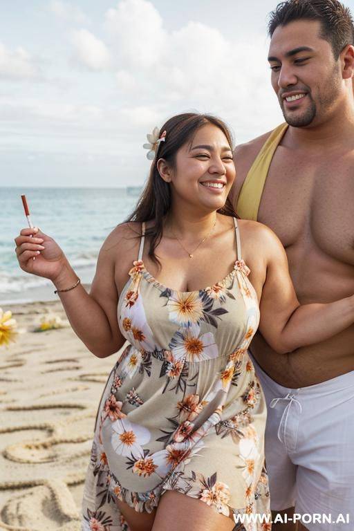 ((flower sundress)), ((thick)), beach festival, summer party, ((double chin)). a fat thick shorty filipina milf is posing in the beach with (((a very tall muscular fit man))). she is holding a - #main
