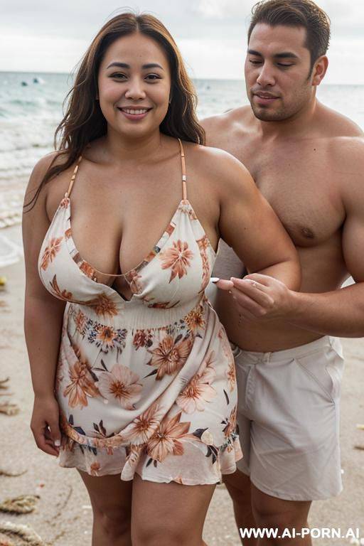((flower sundress)), (((cleavage))), ((thick)), beach festival, summer party, ((double chin)). a fat thick shorty filipina milf is posing in the beach with (((a very tall muscular fit man))). she - #main