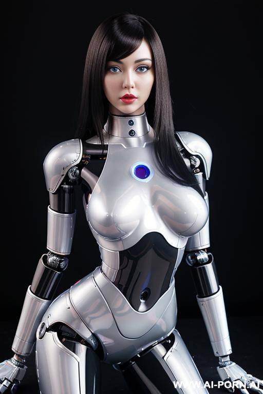 (realistic very detailed robot doll total meccanical artificial robot body woman) with long black hair and black-white glossy rubber latex glass transparent colored skin threads, glowing blue robotic - #main