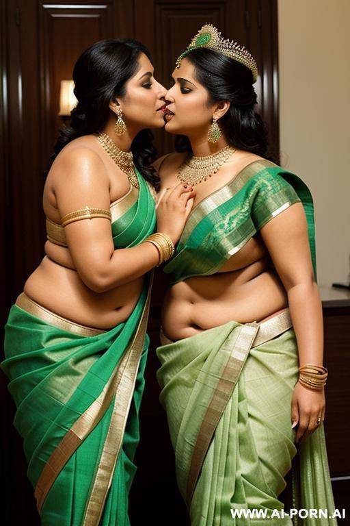 one ancient indian chubby queen in a elegante green saree is kissing her favourite chubby full naked female servant with shaved vagina - #main