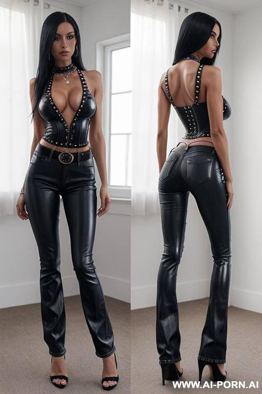 low rise jeans, flare jeans, from behind, studded belt - #main