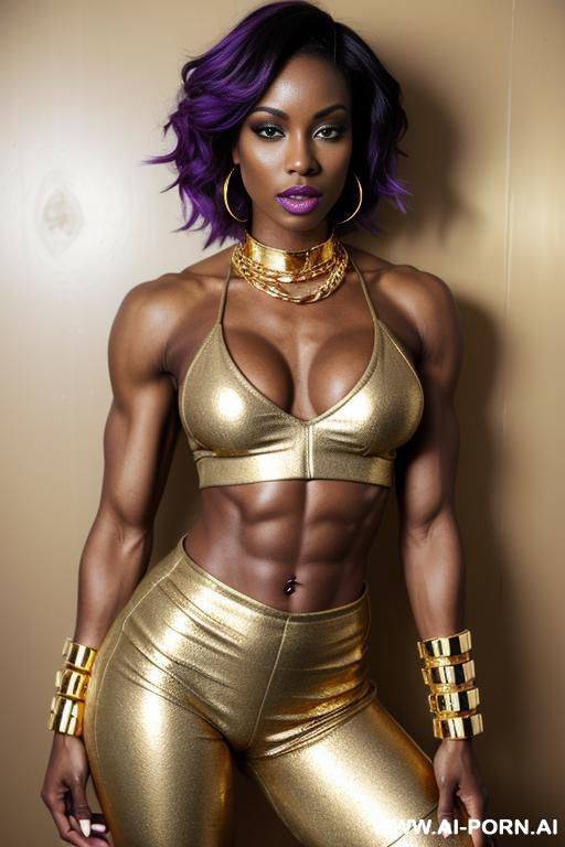 black woman, toned body, toned waist, toned hips, toned abs, toned legs, gold belly chain, gold collar, gold armlet, gold thigh band, gold headband, purple lipstick, purple eyeshw, gold gladiator boots, gold hoop earrings - #main
