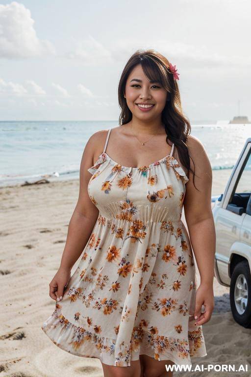 ((flower sundress)), cleavage, ((thick)), beach festival, summer party, ((double chin)). a fat thick shorty filipina milf is posing in the beach with (((a very tall fit man))). she is holding a - #main