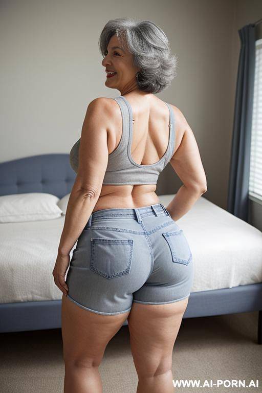 back view, big ass, 0-years-old grandmother, voluptuous body, standing, short gray hair, big smile, very visible signs of aging, wearing blue jean shorts and a white tank top, luxurious room - #main