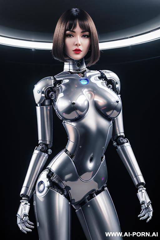 (realistic very detailed robot doll total meccanical artificial robot body woman) with long black hair and black-white glossy rubber latex glass transparent colored skin threads, glowing blue robotic - #main
