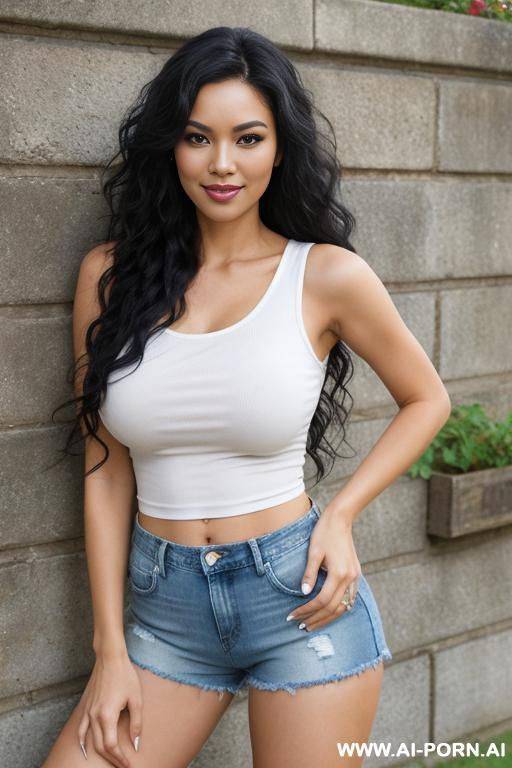 pretty, mixed race, 30, flowing wavy hair, black hair, natural boobs, slight smile, makeup, eye shw, standing, spreading legs, sleeveless t-shirt, denim shorts, walled garden background. - #main