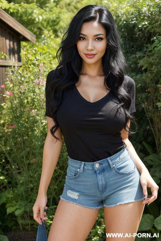 pretty, mixed race, 30, flowing wavy hair, black hair, natural boobs, slight smile, makeup, eye shw, standing, spreading legs, v-neck t-shirt, denim shorts, garden background. - #main