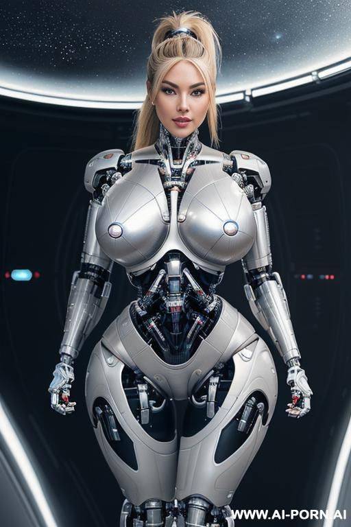 (((realistic look, super realistic))) ((spaceship)) ((front view)) (((beautiful cyborg woman))) (((sexy cyborg woman))) ((blonde)) ((long ponytail hairstyle)) (((perfectly beautiful face, sexy plump lips))) - #main