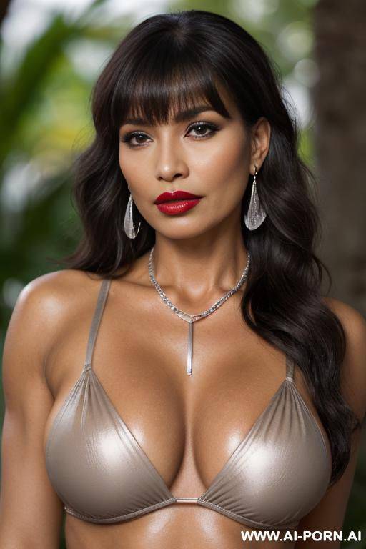 latina, (mature, milf, beauty, super model, muscle, exotic, rare appearance), slut, whore, cinematic photo of one woman, (((perfect brown eyes))), (((high purle makeup))), ((black hair, long wavy black - #main