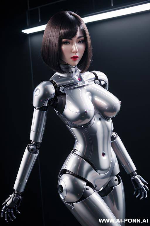 (realistic very detailed robot doll total meccanical artificial robot body woman) with long black hair and black-white glossy rubber latex glass transparent colored skin threads, glowing blue robotic - #main