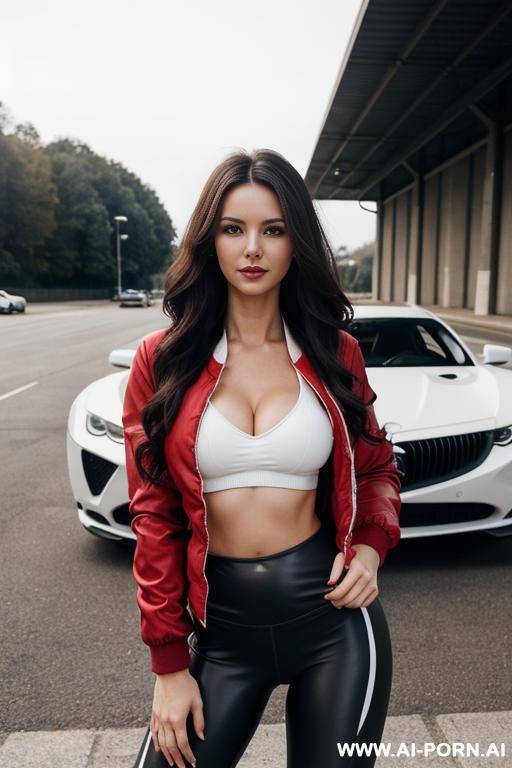 pretty, hungarian, 30, flowing wavy hair, dark brown hair, very white skin, natural boobs, slight smile, makeup, eye shw, standing, red bomber jacket, sports bra, leggings, night, car park background. - #main