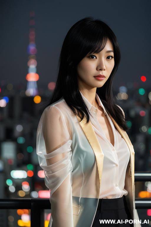a japanese woman with shoulder-length black hair, wearing a transparent blazer and transparent shirt, standing in front of a blurred tokyo cityscape at golden hour, soft natural lighting, ultra-realistic, k, cinematic depth of field - #main