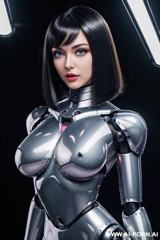 (realistic very detailed robot doll total meccanical artificial robot body woman) with long black hair and black-white glossy rubber latex glass transparent colored skin threads, glowing blue robotic - #main