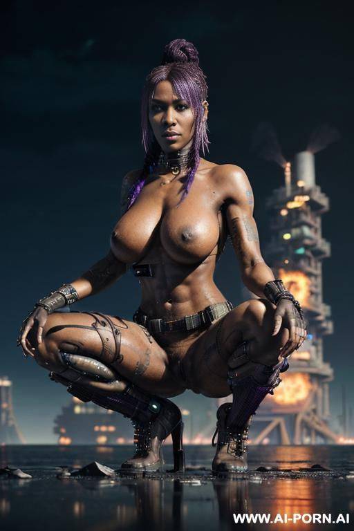beautiful fit ebony punk, (((cyberpunk))), (((lean toned body))), ((((defined muscles)))), (((abs))), (((((perfect massive boobs))))), ((punk hairstyle)), ((braided hair in a ponytail)), ((purple hair)), - #main
