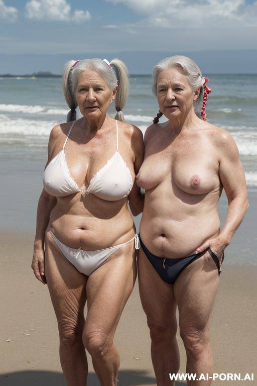 hdr, flabby belly, photorealistic, (man and woman standing side by side:1.3), muscular man, grey hair grandma, (fair-skin-grandma:1.3), (high twin tails:1.3), flabby huge breast, large ass, flabby belly, - #main