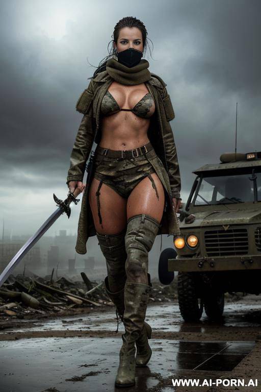 at nigth , apocalyptic city , cloudy sky fog battle city , atomic bomb explosions landscape , horizont looking , walking sexy pose , mud-stained body , camouflage thong , topless huge tits - #main