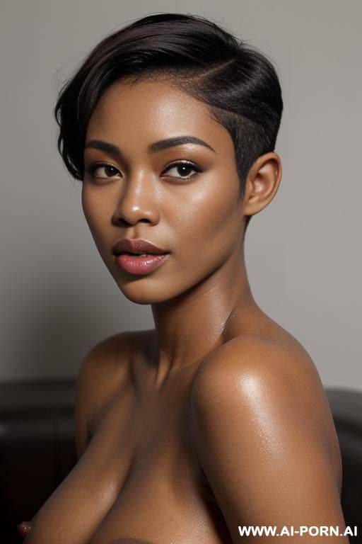 totally naked. female. ultrarealistic. sexy. thick shiny body, naked pussy. wide hips. pretty face. ((perfect brown skin)). (((((big full lips))))). ((sexy seductive orgasmic smirking)). ((short gelled - #main