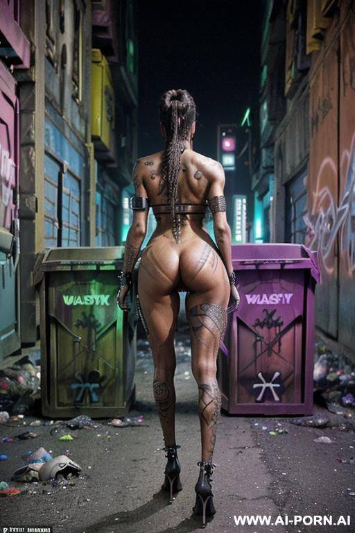 beautiful fit punk, (((cyberpunk))), ((((ethiopian)))), (((lean toned body))), ((((defined muscles)))), (((abs))), (((((perfect massive saggy boobs))))), (((punk hairstyle))), ((braided hair in a ponytail)), - #main