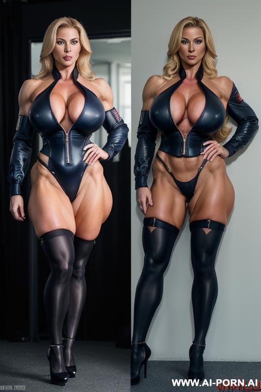 (((topless, naked tits))), waist-long blonde hair, ((((wide opened mouth)))), red lipstick, (((naval jacket with shoulder straps))), (((black micro skirt, black stockings, black high-heeled shoes, no - #main