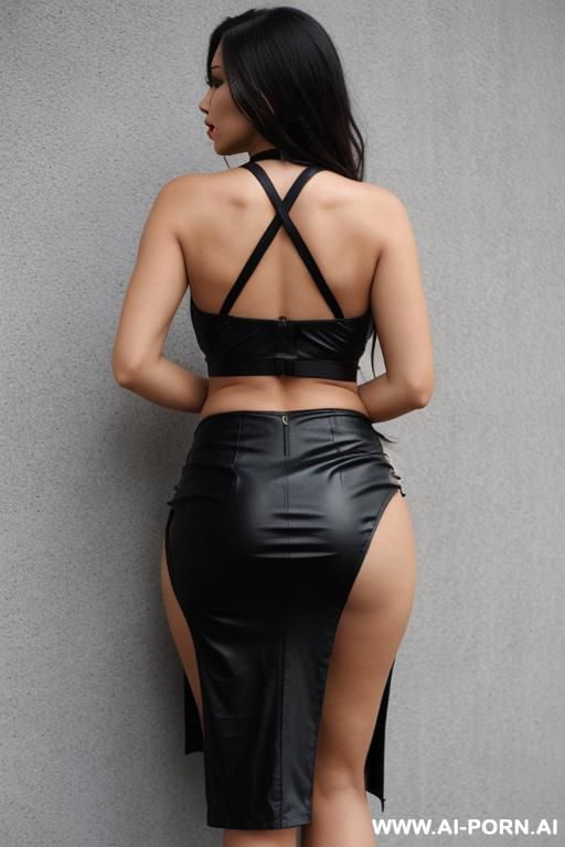 sexy babe wearing tight black skirt with a back slit, pussy showing through slit, back view - #main