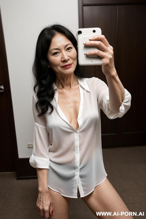 (((keep face))), (((asian ethnicity))), ((((white skin)))), grandmom, mature cougar, gilf, old skin, show hairy pussy, dense black pussy hair, totally naked, grandmom, show naked pussy, show nipples, (((white blouse))), (((she is making a selfie))) - #main