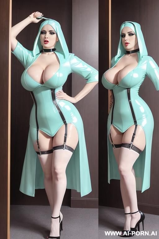 mint green latex stockings, mint green latex micro dress, short sleeves, stiletto platform heels, mint green latex corset, - #main