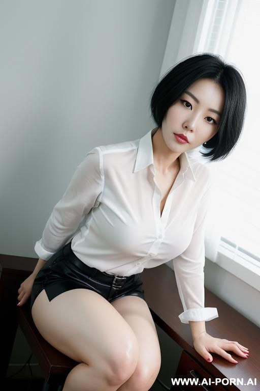 a 34-year-old korean woman with short black hair, wearing only a white shirt and black pahtyhose, sits crouched on a desk, knees drawn to her chest, presenting both bare soles straight tod the camera as she gazes into the lens. - #main