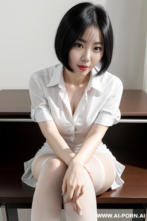 a 3-year-old korean woman with short black hair, wearing only a white shirt and black pantyhose, sits crouched on a desk, knees drawn to her chest, pointing the soles of her stockinged feet straight at the camera as she looks into the lens. - #main