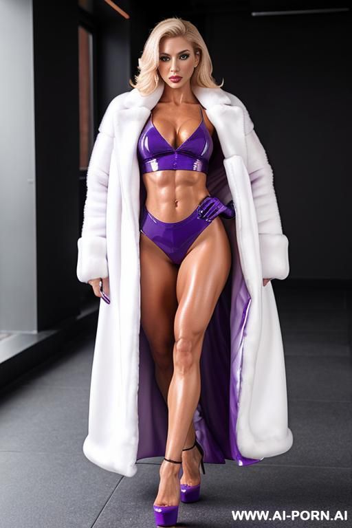 purple latex gown, white fur coat, stiletto platform heels - #main
