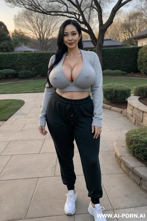 classy housewife, gorgeous face, heavy makeup up, milf, huge saggy breasts, full body view, ((keep face)), ((keep body)), in mansion backyard near large patio, - #main