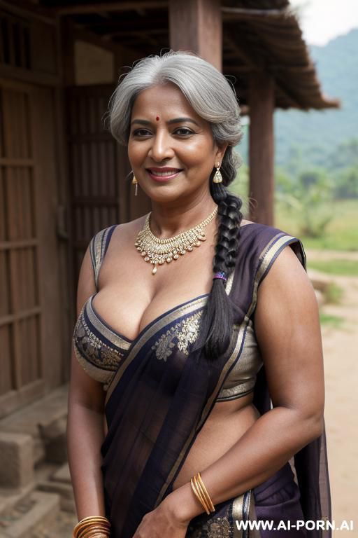 indian woman, dark skin, busty, sexy sari, outdoors village, cleavage, - #main