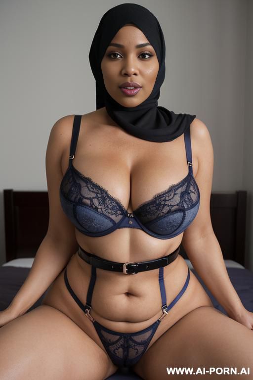 curvy ginger 0 years, (((large gigantic massive oversized breasts))), black hijjab that covers her body, happy horny seductive expression, sleepy eyes, big lips - #main