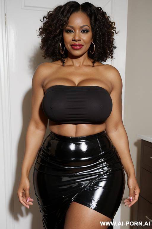 african milf, curly hair, huge ass, wide hips, big heavy tits, wearing a tight-fitting skirt and a strapless top, flashing ass, - #main