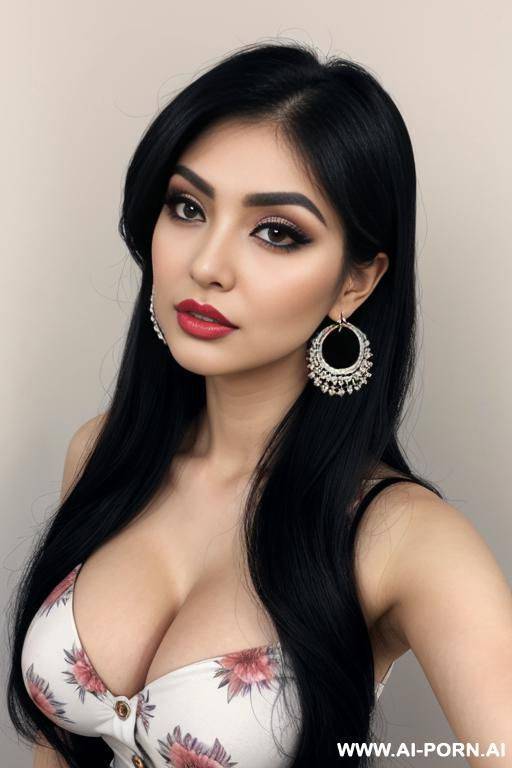 floral, tight dress, kawaii, extremely pretty, makeup, long eyelashes, full lips, button nose, flowing hair, hoop earrings, big round boobs, tight waist, stare - #main