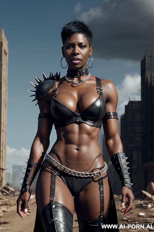 (midnight black skin: 1.3), (black skin: 1.2), mad max setting, fallout setting, post-apocalypse, ebony skin colour, large muscular body, huge muscles, toned waist, toned hips, toned muscular abs, - #main