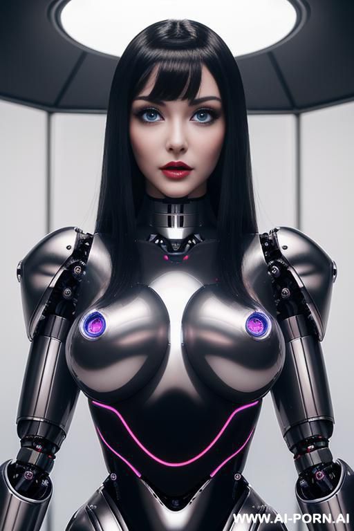 (realistic very detailed robot doll total meccanical artificial robot body woman) with long black hair and black-white glossy rubber latex glass transparent colored skin threads, glowing blue robotic - #main