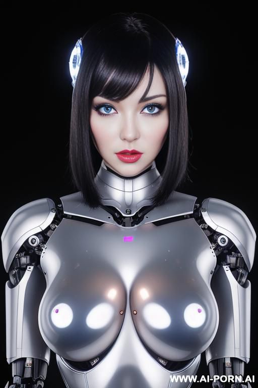(beautiful realistic very detailed robot doll total meccanical artificial robot body woman) with long black hair and black-white glossy rubber latex glass transparent colored skin threads, glowing blue - #main