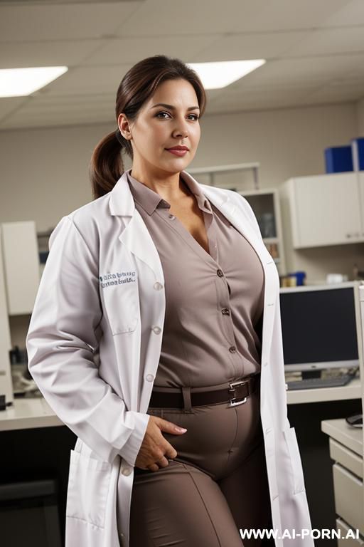 medical doctor, fifty years of age, brown hair, pony tail, brown eyes, curvy and a bit fat, breast full and round but not too big, lab coat not button up, should be naked under the lab coat. - #main