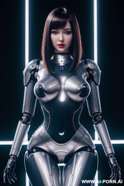 (beautiful very real very detailed robot doll total meccanical artificial robot body woman) with long black hair and black-white glossy rubber latex glass transparent colored skin threads, glowing - #main