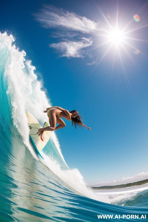 naked woman surfer diving under a wave with her surfboard - #main