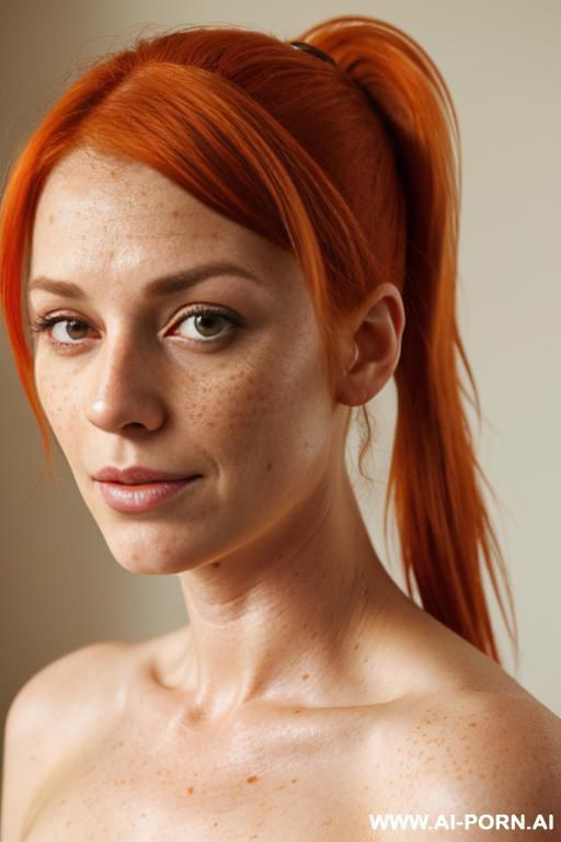 photo realistic. orange hair. pony tail. indie woman. topless. 2. cute face. freckles. - #main