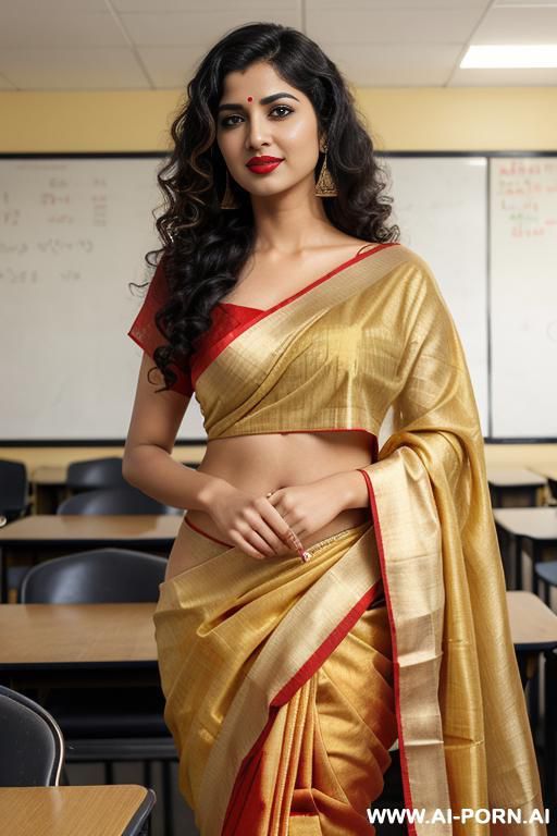 teacher, white skin, red lipstick, in golden saree - #main