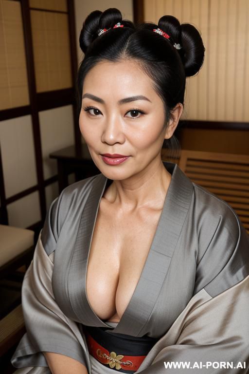 oiled body, perfect round tits, tan, traditional kimono, grey hair - #main