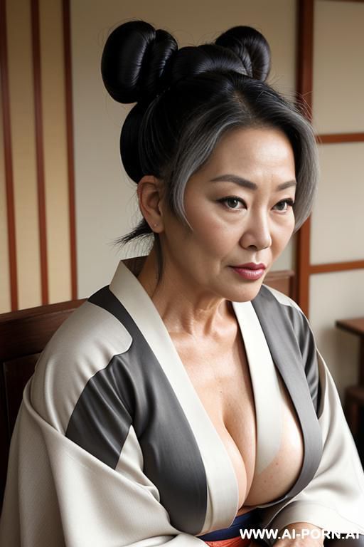 oiled body, perfect round tits, tan, traditional kimono, grey white hair - #main