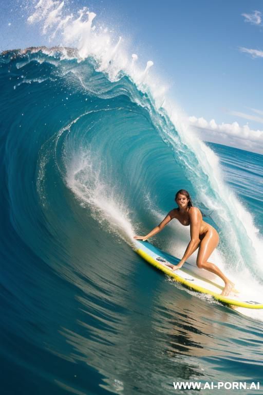 naked woman surfer diving under a wave with her surfboard - #main