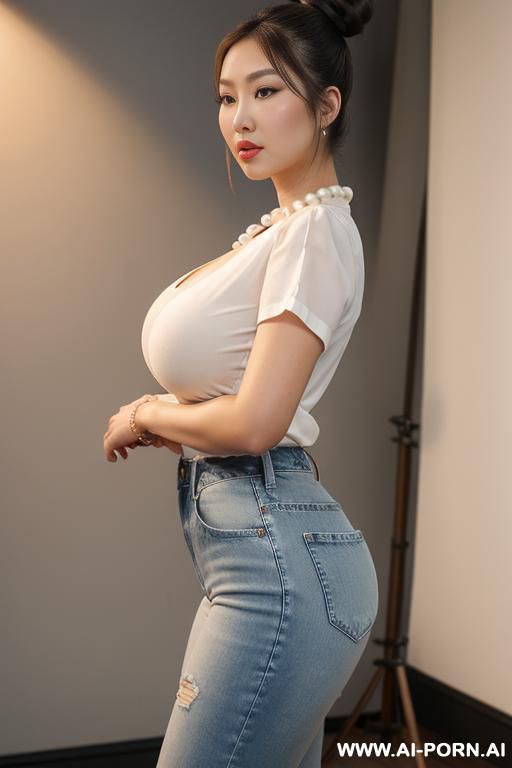 gorgeous round face, asian woman, oval face, almond eyes, soft makeup, pearl necklace, fitted white blouse, high-waisted denim, hourglass figure, studio lighting, k resolution - #main