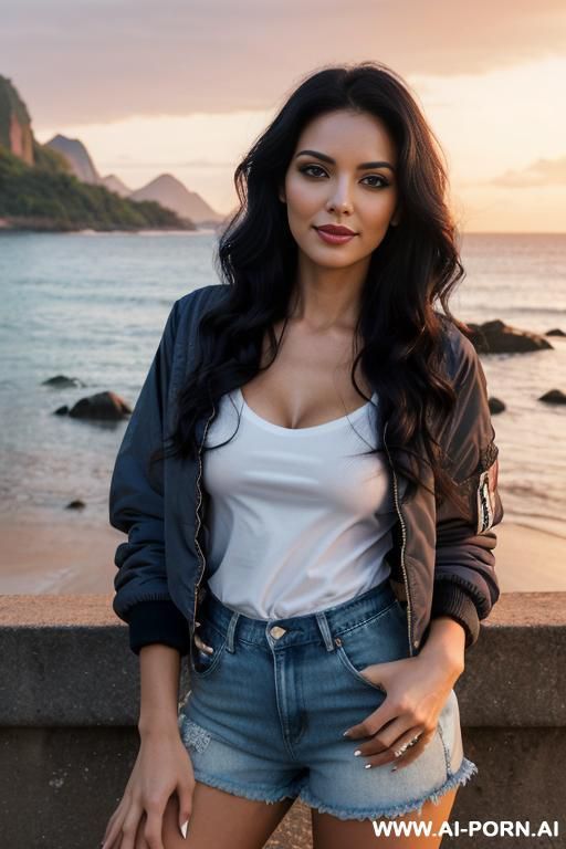 pretty, brazilian, 30, flowing wavy hair, black hair, natural boobs, slight smile, makeup, eye shw, standing, spreading legs, bomber jacket, v-neck t-shirt, short denim shorts, sunset, scenic landscape background. - #main