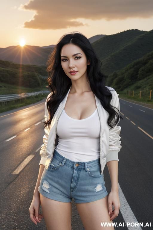 pretty, english, 30, flowing wavy hair, black hair, very white skin, natural boobs, slight smile, makeup, eye shw, standing, spreading legs, bomber jacket, v-neck t-shirt, short denim shorts, sunset, scenic landscape, rural road background. - #main